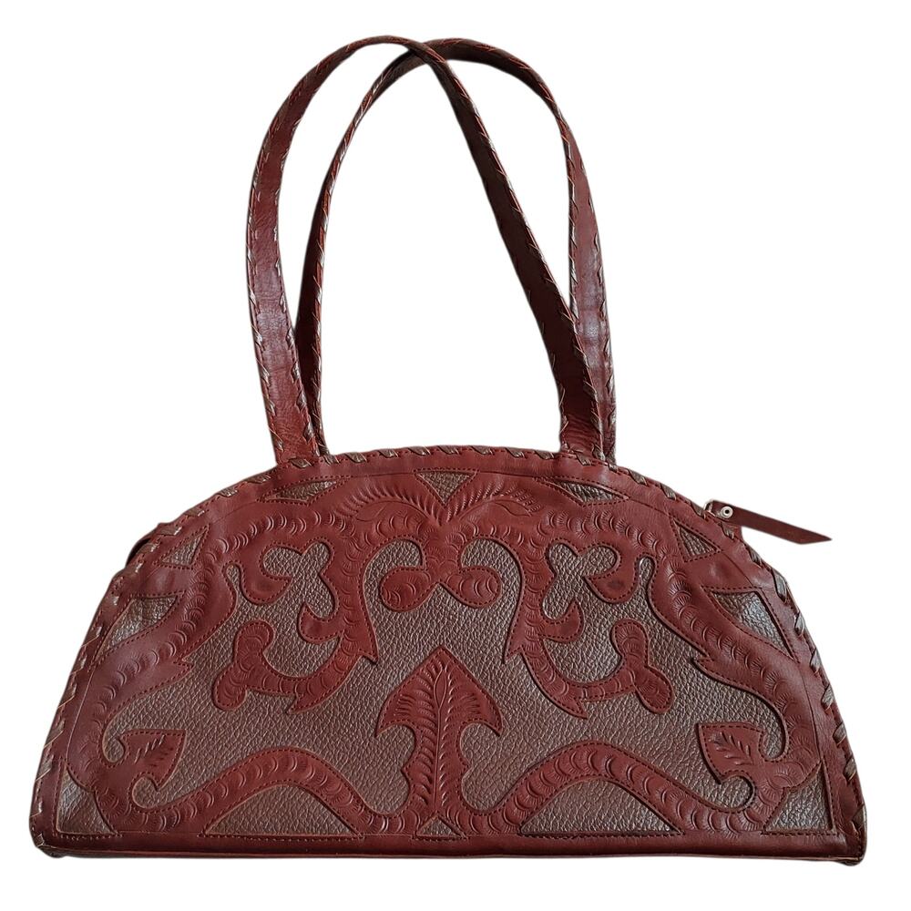 Leaders In Leather Women's Western Hand Tooled Brown Leather Purse Handbag Bag